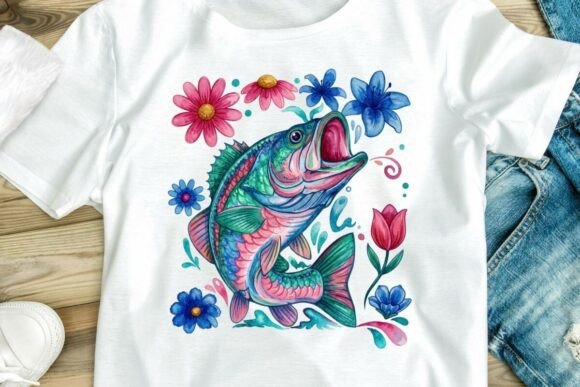 Dive Into Creativity with a Vibrant Watercolor Bass Fish Floral PNG