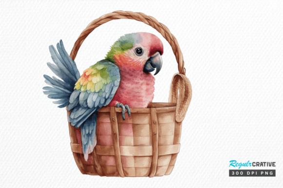 Watercolor Pink Parrot in Basket Clipart: A Vibrant Design Asset